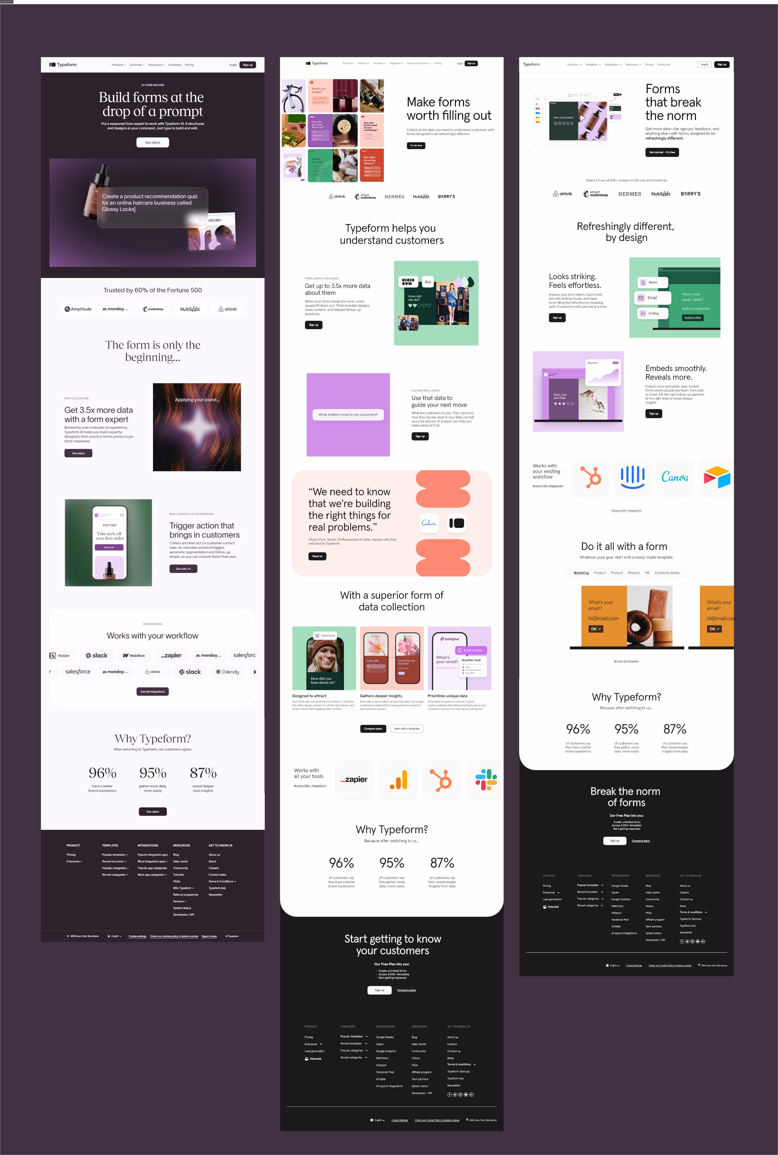 Typeform homepage iterations overview